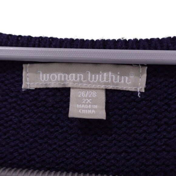 Woman Within Sweater Sz 2X 26/28 Navy Fair Isle Christmas Tree Knit Pullover - Picture 6 of 12